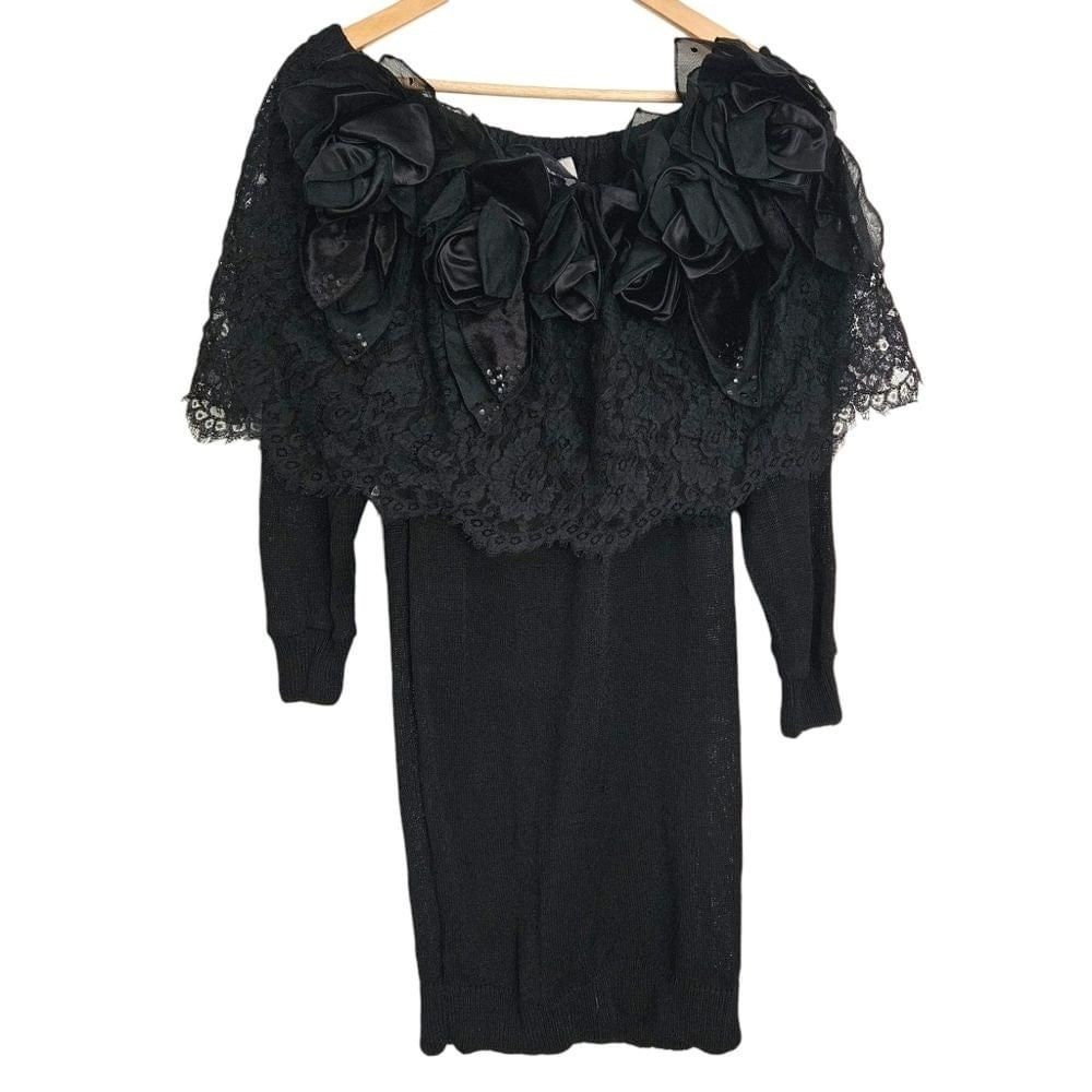 80s Vintage Freesize Off-Shoulder Lace Cape Sweater Dress